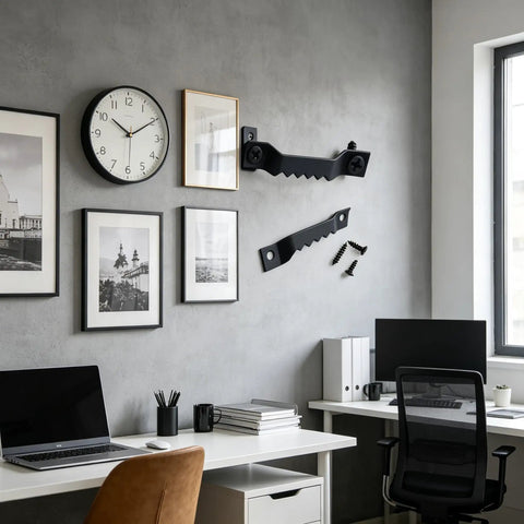 Office wall with 50 Pack Small Sawtooth Picture Hangers, black steel to hang frames and clock, showcasing mounting use.