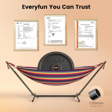 Double Hammock With Heavy Duty Steel Stand Portable Easy Assembly 600Lb Weight Capacity Adjustable Hooks Cotton Comfort