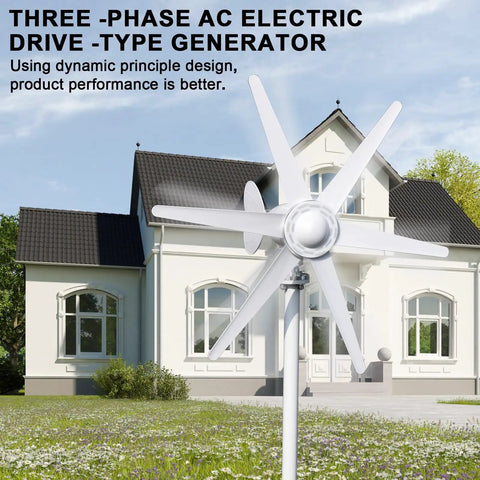12V And 24V 800W Wind Turbine Kit With Controller And Six Blades Ultra Low Start Speed One Meter Per Second installed in front of a house
