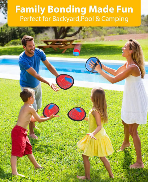 Family playing Toss And Catch Ball Game With Four Sticky Paddles For Kids outdoors in backyard, enjoying fun toddler baseball toy at poolside