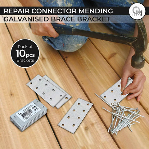 Professional Grade Galvanized Steel Flat Joining Nail Plates For Timber Framing Rock Solid Connectors No Sweat Setup Kickass Strength Perforated Metal Brackets 10 Pack on wooden surface with nails.