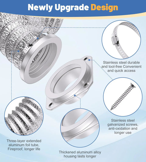 Magnetic Dryer Vent Kit With Quick Connect For Easy Snap On And Off, Airtight Seal, showing components, clamps, hose, and screws