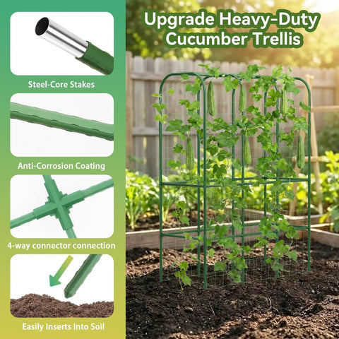 Outdoor garden showcasing 62 Inch Tall Cucumber Trellis with steel-core stakes, U shape arch supporting climbing vegetables.