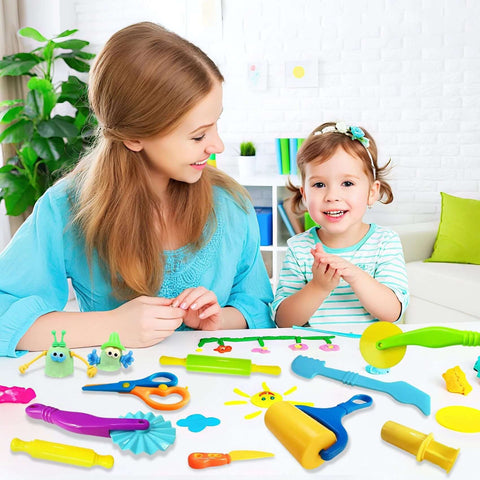 Amazon 28-piece dough and clay play tools kit for kids with animal cutters, rolling pins, extruder and safety scissors