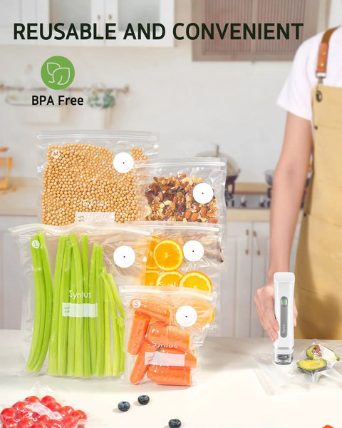 Reusable BPA-free 60 Piece Vacuum Sealer Bags Set For Food Storage In Three Sizes with foods like celery and carrots visible