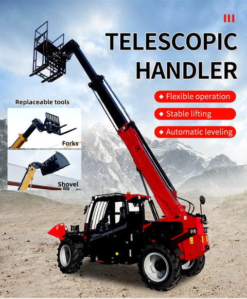 Heavy Duty 4Wd Telehandler Forklift Rig With Swappable Forks Heavy Bucket And Crane Jib For Ag And Construction Jobs Made Easy Anytime You Break Out The Big Guns, showing flexible lifting and replaceable tools.