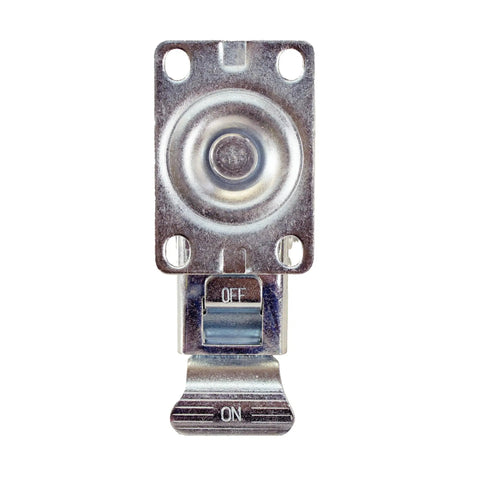 4 Inch Swivel Caster With Total Lock Brake And Non Marking Soft Gray Rubber TPR Wheel Hella Smooth Rolling Heavy Duty Steel Plate Mount For Carts And Home Office Gear, silver toggle switch with ON OFF labels.