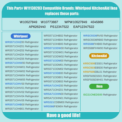 Chart showing Whirlpool KitchenAid Ikea compatible refrigerator models and part numbers for Freezer Glass Shelf For Whirlpool KitchenAid And Ikea Fridge Side By Side Refrigerators Fits WRS571CIHZ00 WRSA71CIHZ01 WRS571CIHZ02 WRS571CIHZ04 WRS571CIHZ05 WRS571CIHW00 WRS571CIHW01 WRS571CIHW02 WRS571CIHW04 WRS571CIHW05 WRS571CIHV00 WRS571CIHV01