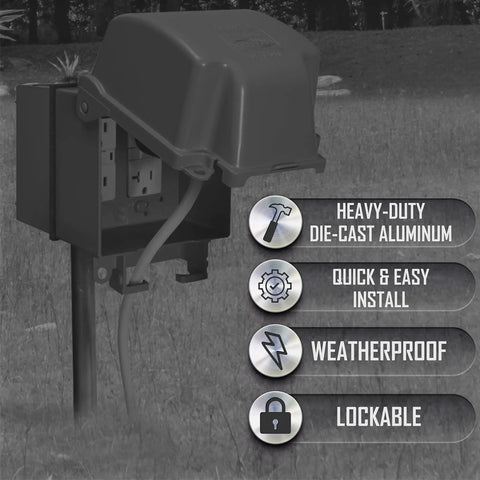 Extra Duty RaynGuard Metal Weatherproof In Use Cover for Outdoor 2 Gang Electrical Outlets Gray shown in garden setting