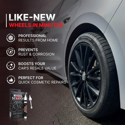 Anthracite Gray Rim Touch Up Paint And Wheel Scratch Repair Set With Dual Tip Applicator For Alloy Wheels To Effortlessly Fix Curb Rash And Keep Your Ride Looking Crisp Year Round on a car wheel close-up.