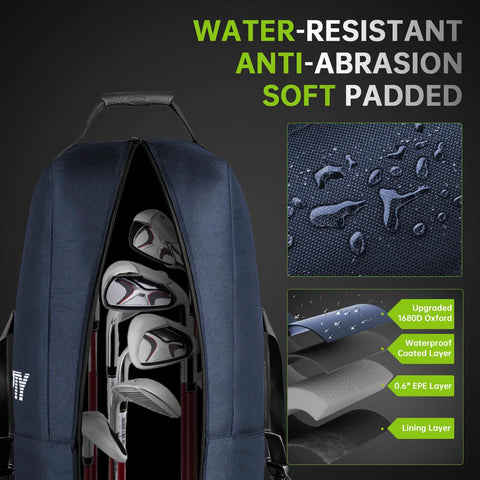 Durable golf travel bag with wheels, showing padded interior and water-resistant Oxford fabric, ideal for protecting golf clubs.