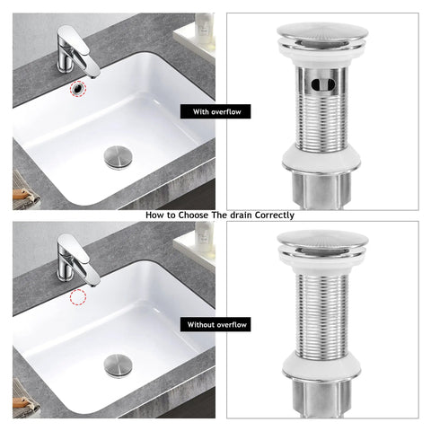 Top Shelf Brushed Nickel Pop Up Bath Sink Drain Stopper Without Overflow shown with and without overflow options in a sink.