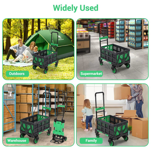 Green 2-in-1 folding hand truck with foldable basket, four wheels, retractable handle; shown outdoors and store use.