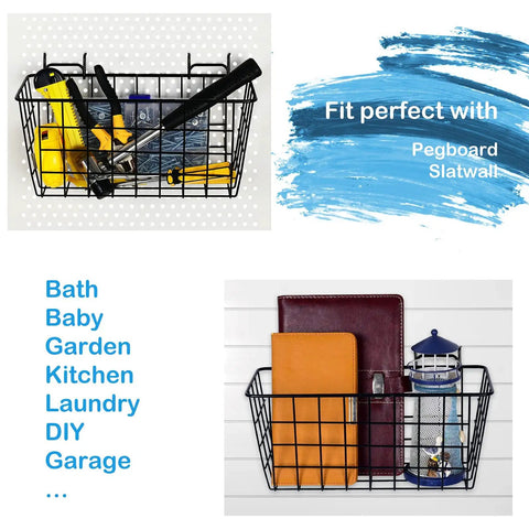 Two Pack Pegboard Baskets For 1/8 And 1/4 Inch Pegboards, Heavy Duty Metal Bins And Wall Mount Hooks with tools inside.