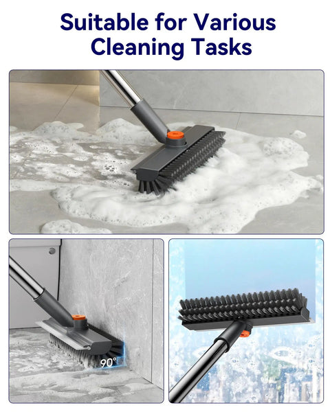 Grime Busting 3 In 1 Floor Scrub Brush With Adjustable Long Handle Heavy Duty Stiff Bristles Squeegee And Tweezers For Scrubbing Bathrooms Tile Deck Patio Garage And Kitchen in action