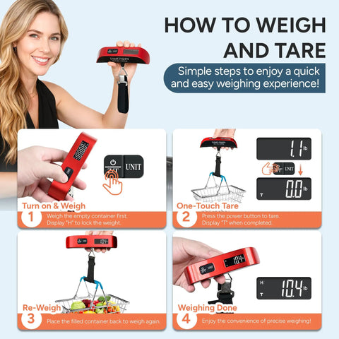Portable Digital Luggage Scale For Travelers Keep Suitcases Baggage Fee Free And Make Boarding A Breeze Every Time A Solid Ace In The Bag For Airport Weight Checks With One Hundred Ten Pound Max Capacity And Slim Profile, showing how to use.