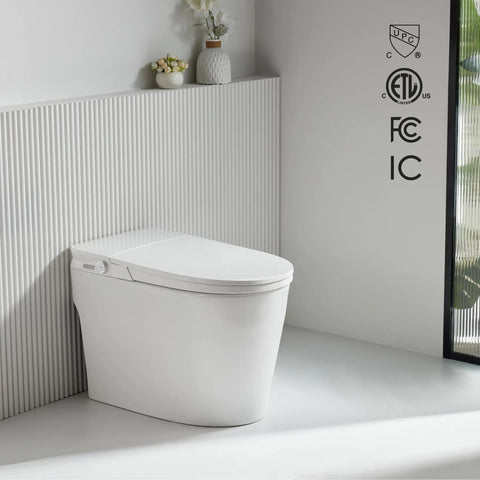 Hassle Free Tankless Smart Toilet Heated Seat Auto Flush Lid in a modern bathroom with an elongated, skirted design.