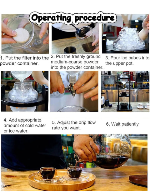 Operating procedure for Top Shelf Cold Brew Maker With Slow Drip Tech, featuring steps and tools for brewing cold coffee.