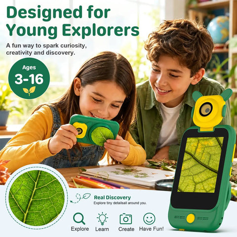 2 In 1 Kids Camera And Microscope Toy With 2.8 Inch Touchscreen, Handheld STEM Explorer For Boys And Girls Ages 3 To 12, green kid camera microscope with touchscreen