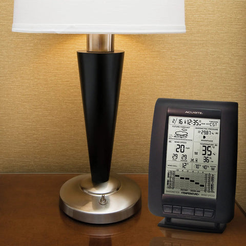 Wireless Weather Station With Wind Sensor For Backyard Forecasts And Atomic Clock Time Sync next to a table lamp