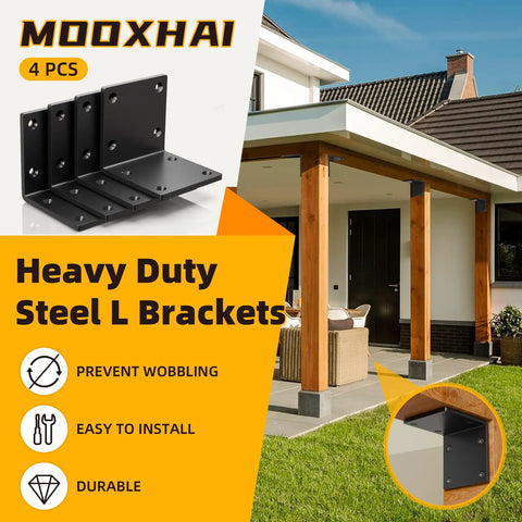 Heavy Duty Corner L Brackets For Wood Framing 4 Pack Solid 6X6 Steel Mounts With Rust Proof Black Coating and Smooth Edges in outdoor setting.