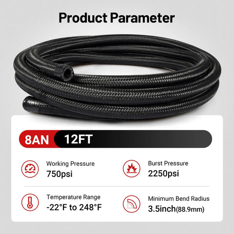 Coiled 8AN Nylon Braided Fuel Line Kit 12Ft Black With Stainless Steel Fittings, product specs shown