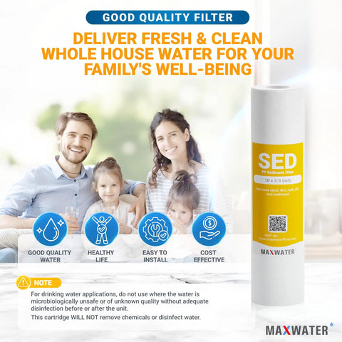 10 Inch By 2.5 Inch 5 Micron Sediment Filter Cartridge For Whole House Water Systems Melt Blown Filtration For Clean Fresh Tasting Water Heavy Duty Performance Pack Of 50 displayed next to happy family image