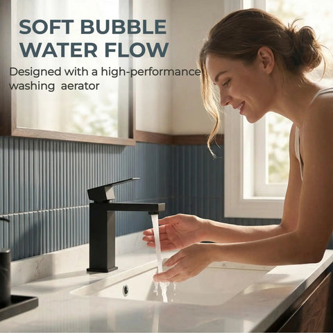 Go To Matte Black Bathroom Faucet With Smooth Single Handle And Included Pop Up Drain, Fresh Square Vanity Sink Tap with soft bubble water flow