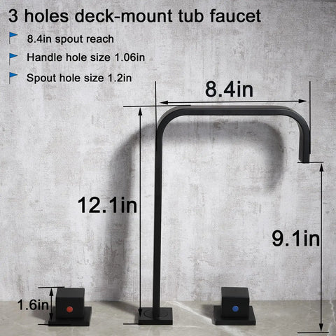 Roman Tub Faucet With 2 Handles Deck Mount High Flow Bath Faucet Matte Black, 360 Degree Rotation, Solid Brass, 3-Hole US Standard