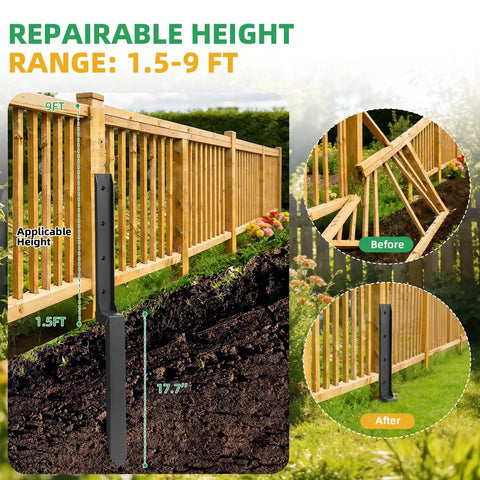 Heavy Duty Fence Post Repair Kit With Galvanized Steel Stabilizers And Rust Resistant Yard Boosters holds fence upright from 1.5 to 9 ft.