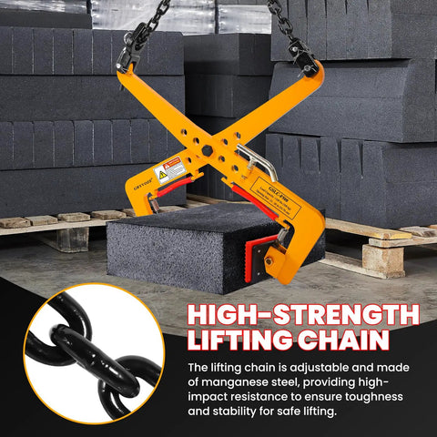 Heavy Duty Granite Slab Lifter 1100 Lb Capacity Rock Solid Adjustable Stone Clamp lifting a dark stone block with secured grip.