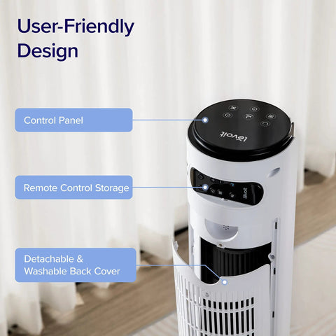 Smooth Operator Tower Fan With Slick Remote And Strong Airflow For Big Rooms Plus Buttery Quiet 12 Speed Settings With Chill 12 Hour Timer And Easy Up Down Angling For Refreshing Summer Breezes Indoors control panel and remote storage on top.