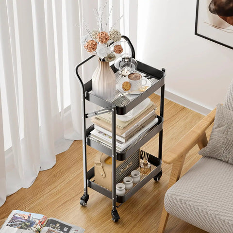 No Tools Needed Foldable Rolling Cart With Three Tiers In Black Metal Finish, Easy Unfold And Lock Setup, Heavy Duty Mobile Storage Organizer on wheels