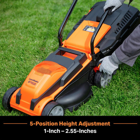 Person adjusting Cordless 13-Inch Lawn Mower With 24V Max Power, Two 4.0Ah Batteries And Charger, No-Fuss One-Touch Height Adjustment
