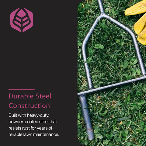 Manual Lawn Coring Aerator With Long Handle showing powder-coated steel construction on grass