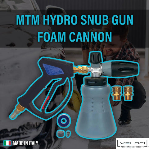 PF22 Foam Cannon And SG28 Trigger Gun Kit For Pressure Washer, Pro Grade Car Wash System, Easy Attach, Made In Italy displayed with fittings