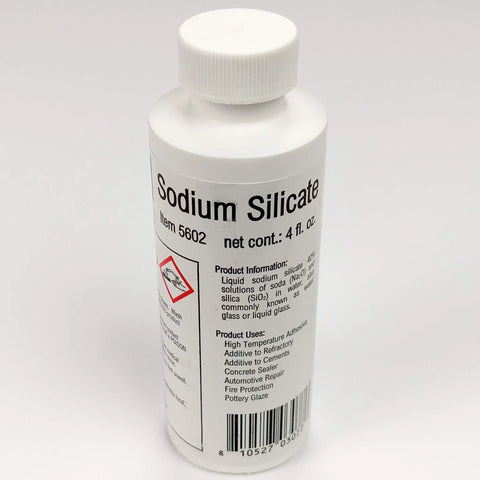 Heavy Duty High Temp Glue That Handles Serious Heat Without Breaking A Sweat Sodium Silicate Water Glass For Ceramic Fiber And Refractory Jobs Forty Percent Clear Formula In A Handy Four Ounce Bottle with label details.