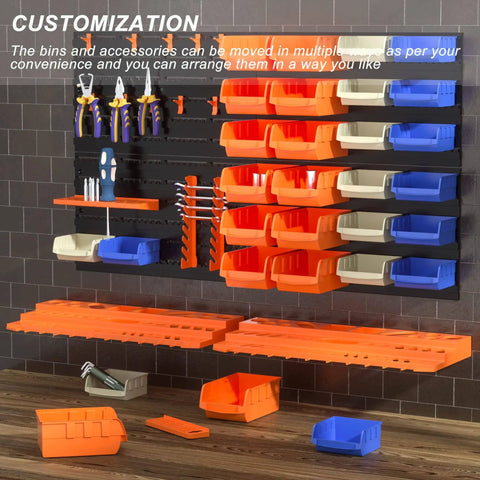 52 Piece Wall Mounted Storage Bins System with Peg Boards and Tool Trays, Garage Workshop Organizer, shown with bins and tools.