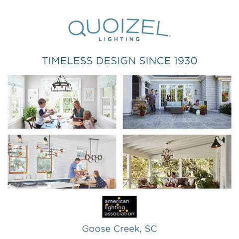 Collage of Quoizel lighting fixtures in various home settings, showcasing design versatility and style.