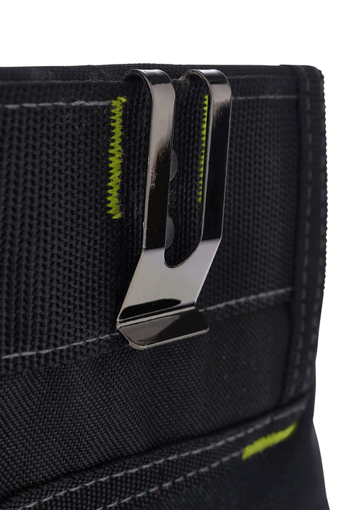Close-up of belt clip on Pro Grade Tool Pouch With Seven Pockets For Electricians Rugged Multi Pocket Organizer For Quick Tool Access