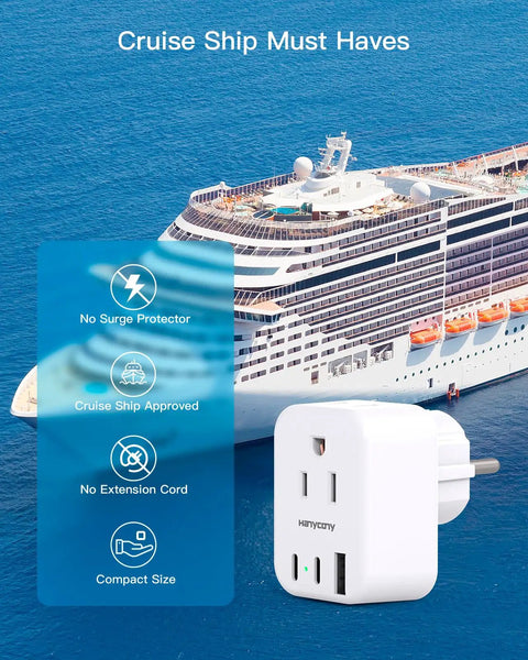 Works Like A Charm Type E F Plug Adapter For US To Europe Travel with dual AC outlets and USB ports for cruise use.