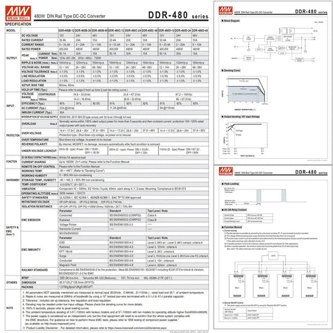 Product specifications sheet for DDR-480D-24 480W 24V DC-DC Converter With 67.2-154V Input for rugged rail and industrial use.