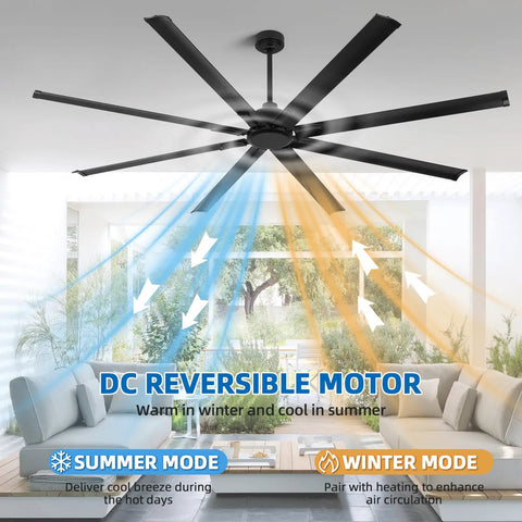 96 Inch Heavy Duty Industrial Ceiling Fan With Reversible DC Motor No Lights 6 Speed Remote 3 Downrods 8 Aluminum Blades Outdoor Black