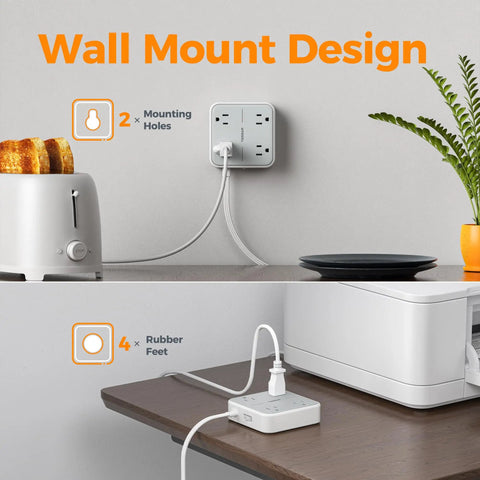 Sleek Flat Surge Protector Power Strip Featuring Ace Usb C Fast Charging Ports And Four Heavy Duty Outlets For Zero Drama Home Office Setup, wall mount design with toaster.