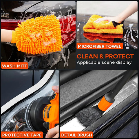 Collage of cleaning tools used with Cordless Car Polisher Kit With 12V 2000mAh Battery Dual Handle Buffer For Car Detailing.