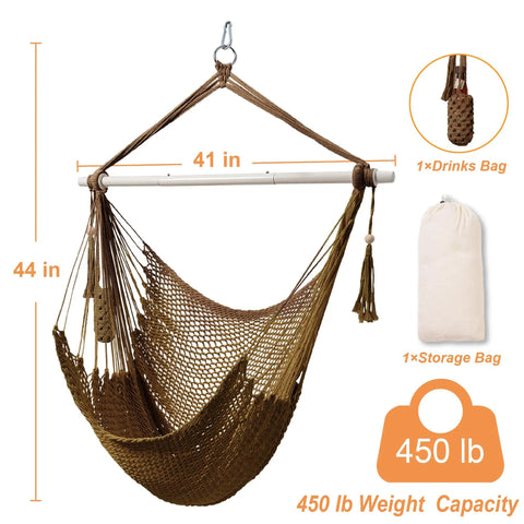 Caribbean Style Rope Hammock Chair With 40 Inch Steel Spreader Bar And Anti Slip Rings Soft Spun Cotton Rope For Indoor Outdoor Backyard Chill Relaxation Supports Up To 500 Lbs Tan shown with 450 lb capacity and included bags