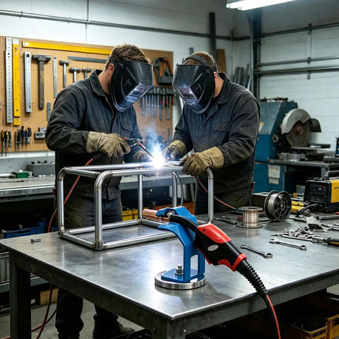 Heavy Duty Welding Magnetic Holder With Strong Anti Slip Magnet Base For Secure Mig Torch Stand And No Reach Bracket To Keep Workshop Tools Stable And Ready used by welders in workshop.