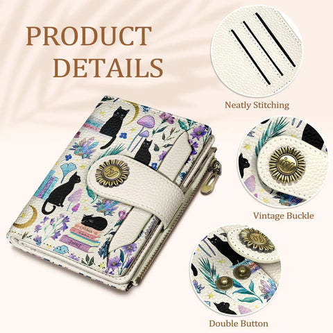Cute Black Cat Wallet For Women RFID Blocking Bifold with Zipper Coin Pocket, PU leather, vintage buckle, neat stitching