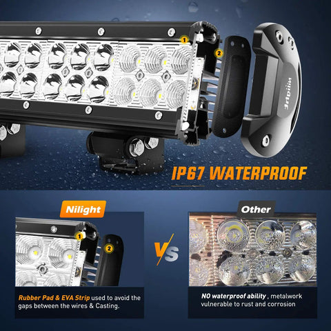 Close-up of IP67 waterproof 20 Inch 126W Spot Flood Combo LED Light Bar For Off Road Trucks Boats And More with heat dissipation details.