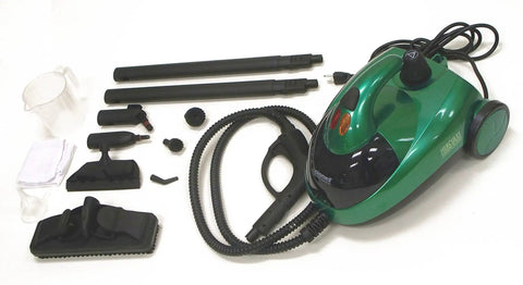 Hercules Vapor Scrub Steam Cleaner For Commercial Use With Pro Grade Cleaning Power, green unit with attachments displayed.